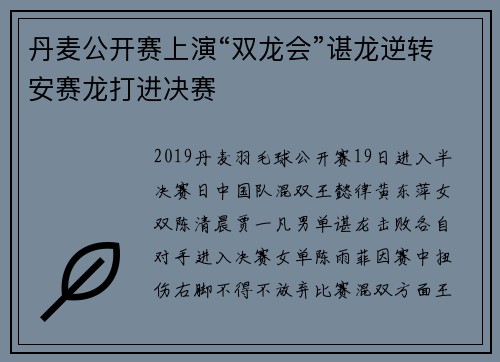 丹麦公开赛上演“双龙会”谌龙逆转安赛龙打进决赛